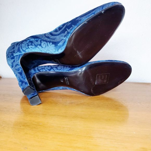 Antonia Sautter Collection Blue Velvet Damask Print Heels Shoes Handmade SZ 37 - Picture 6 of 12